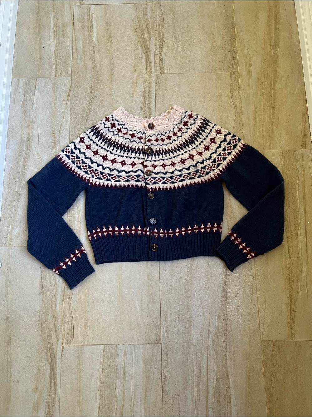 Navy & Cream Fair Isle Yoke Nordic Print Cropped Cardigan Sweater